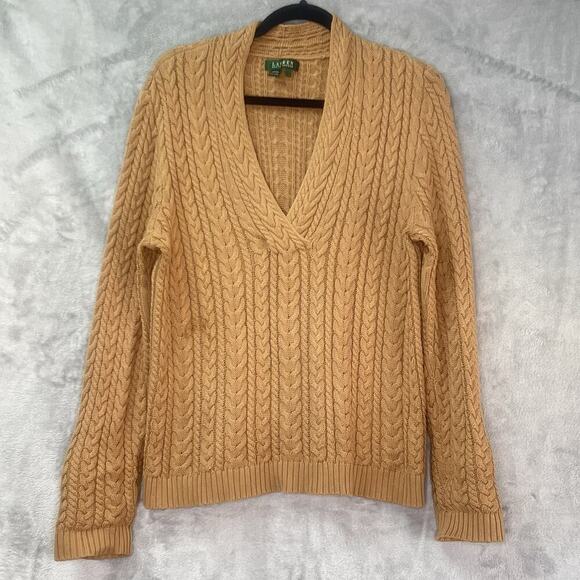 Lauren Ralph Lauren Women's L‎ Cotton Cable Knit V-Neck Sweater In Camel Brown - Picture 1 of 10
